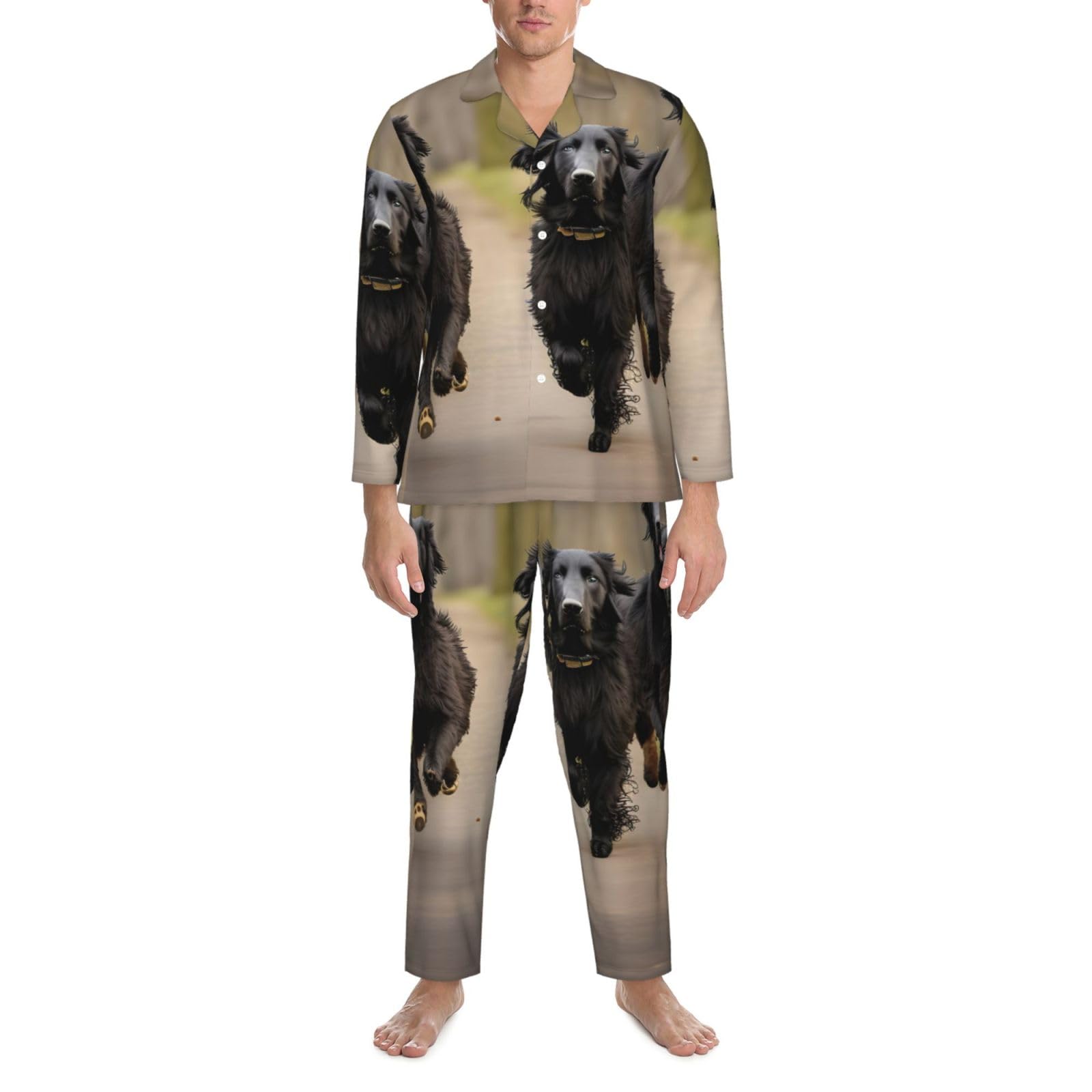 Trotting Herren-Pyjama-Set, flach, beschichtet, Pfotenabdruck, langärmelig, zweiteilig, Hauskleidung, bequeme Nachtwäsche, Nachtwäsche
