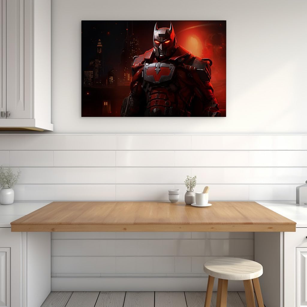 Canvas for Living room. Red Knight Rises: The Crimson Guardian of the Night City, 27 x 18 inch Canvas Wall Art - Ready to Hang
