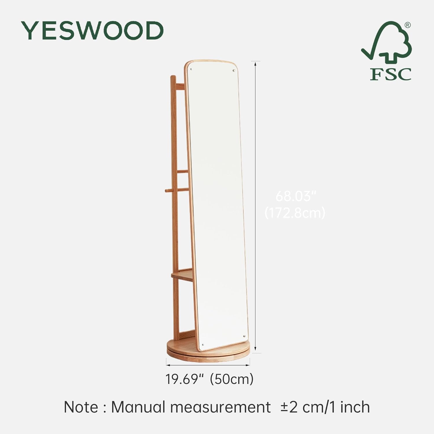 YESWOOD Oak Wood Full Length Mirror Coat Rack,Standing Mirror Full Length with Brake Wheels, Floor Mirror for Bedroom, Living Room, Entryway,70" x 20"