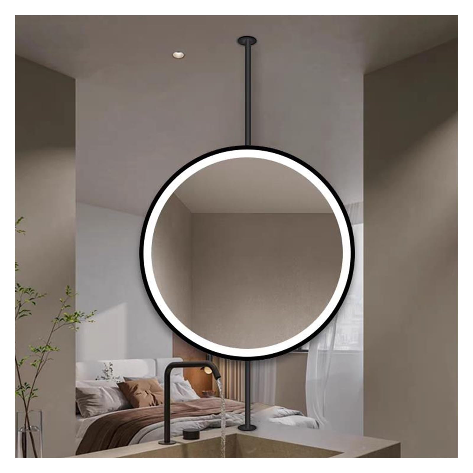 FGXHHS Ceiling Wall Mounted Round Floating Mirror With LED Lighting, Suitable For Hotel Apartment Decoration, Makeup Mirror(Black,50x50cm)