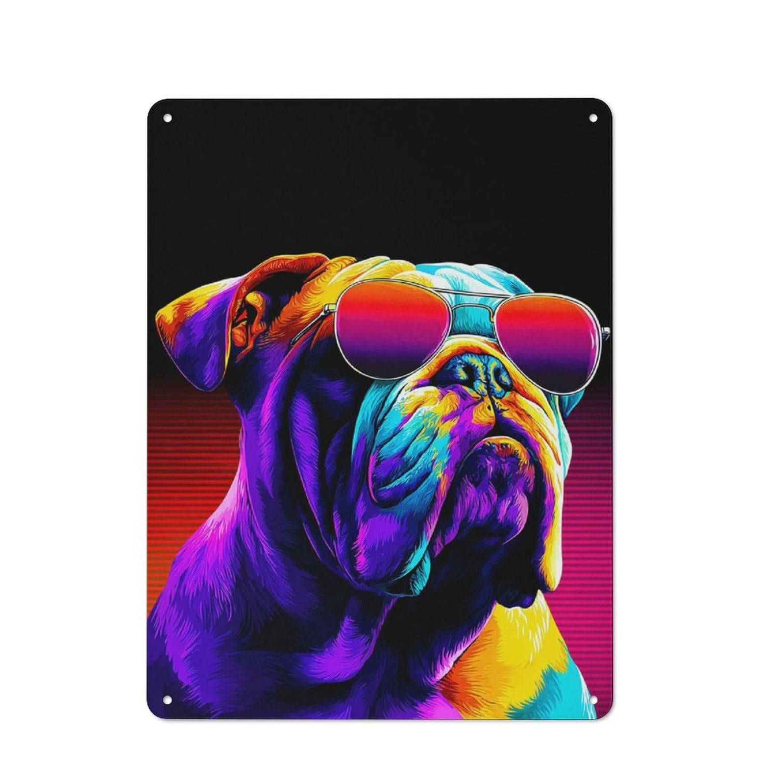 Junmoney Colorful Bulldog With Sunglasses Decorative Tin Plaque With Design 40X30cm, Classic Novelty Wall Art For Flat, Dorm Room, Lounge Or Cafe
