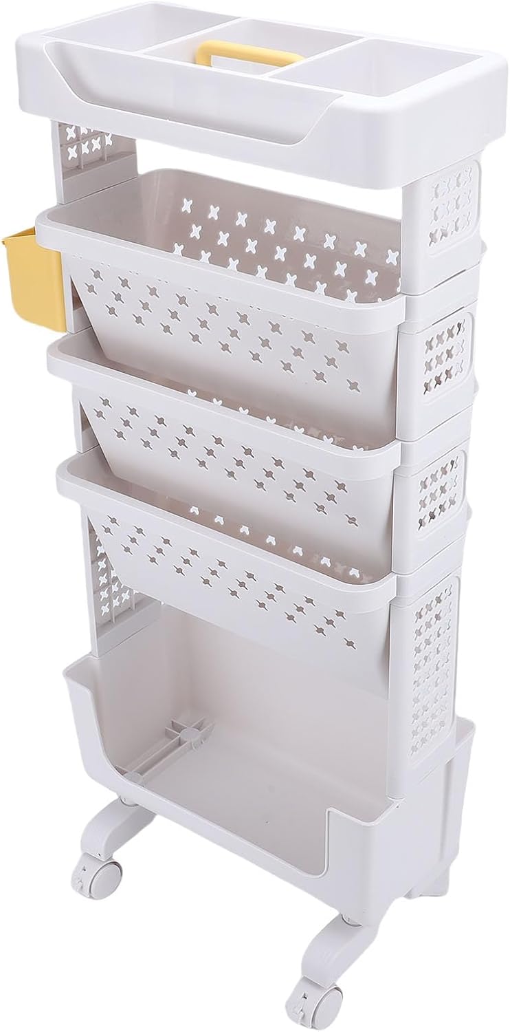 5 Tier Rolling Book Cart, Multifunctional Movable Storage Book Rack with Lockable Casters for Home Study Office Living Room Classroom (White)