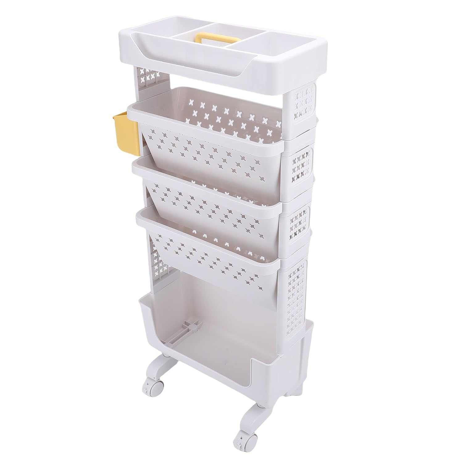 5-Tier Rolling Book Cart Movable Book Rack Portable Bookshelf with Lockable Wheels Cup Holder for Home Office School Library (White)