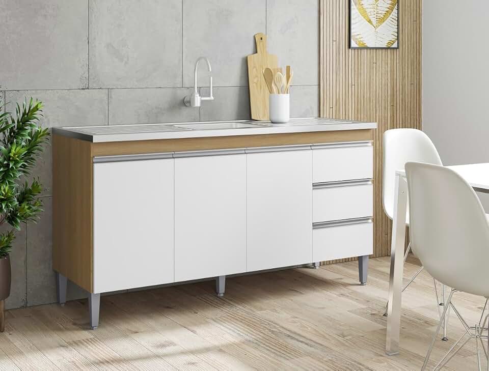 Balcão Gabinete de Pia Andréia 150cm Amêndoa/Branco S/Tampo 2 Portas 3 Gavetas