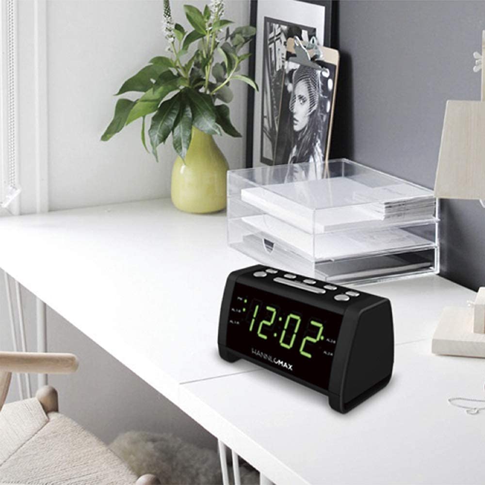 HANNLOMAX HX-138CR - Radiosveglia PLL AM/FM con stazioni preimpostate, display a LED verde da 1,4", doppio allarme, solo funzionamento CA. (nero)