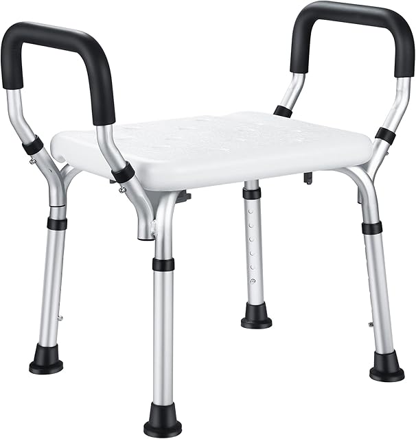 NArra Shower Stool, Height Adjustable Shower Chair with Detachable Armrests, Perching Stool Load up to 150kg with Non-Slip Foot Pads, Bath Chair Bathroom Aid for Seniors, Pregnant Women, Disabled