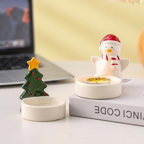 Miniatura 4 de Juego de 3 portavelas votivas de Navidad, candelabros de cerámica para árbol de Navidad, pingüino, hongo, para el hogar, mesa, centro de mesa