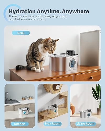 Miniatura 6 de Fuente de agua inalámbrica para gatos fuente de acero inoxidable para mascotas, dispensador automático de agua inalámbrico en interiores, botella de