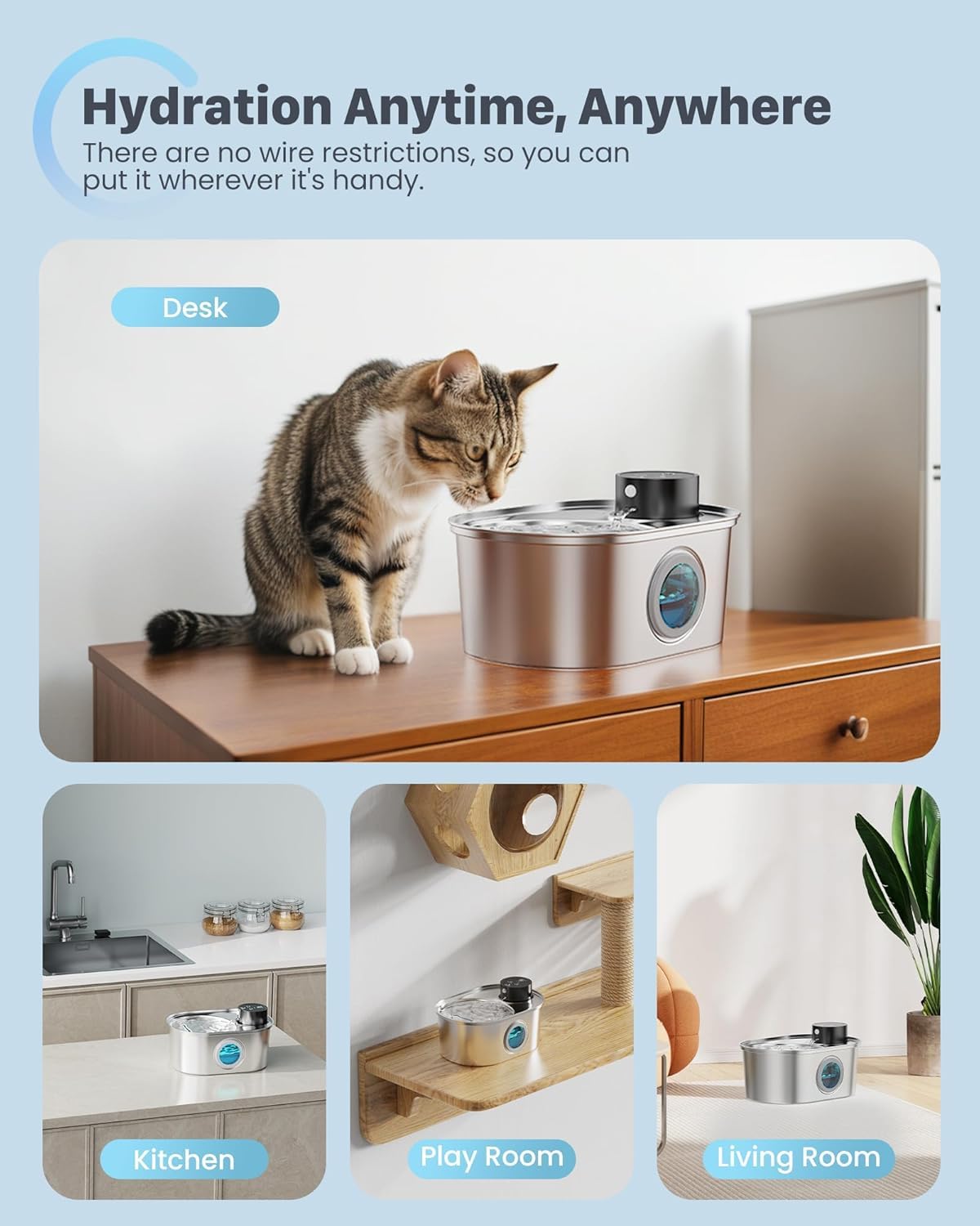 Fuente de Agua Inalámbrica para Gatos: Fuente de Acero Inoxidable para Mascotas, Dispensador Automático de Agua Inalámbrico para Interiores, Botella de Metal para Beber, Cuenco de Agua Recargable