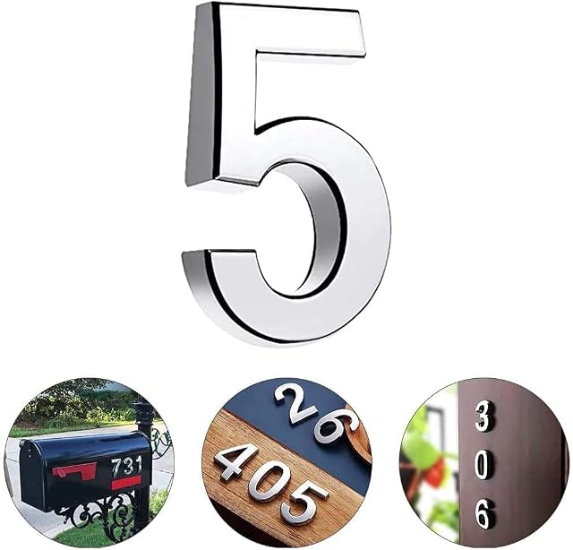 3D Mailbox Number, TopE Silver Waterproof Self Adhesive 3D Number Stickers House Room Door Number for Home Apartment Cabinet Table Mailbox Outdoor Indoor Use (No.5)