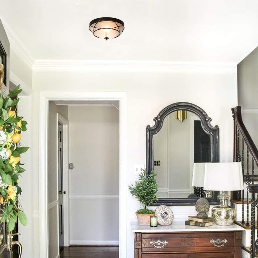 12" Black Classic Dome Ceiling Light Flush Mount, 2-Light Bronze Lighting Fixtures, Frosted Glass Farmhouse Ceiling Lamp for Living Room Kitchen Bedroom Hallway Entryway Staircase