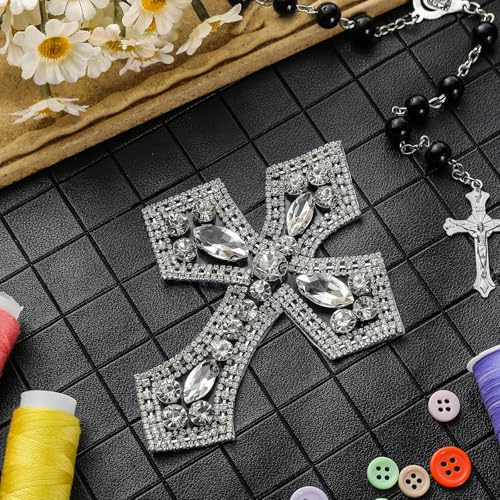 Suncalla 4 Pcs Silver Rhinestone Cross Patch Applique Crystal Cross Iron On Patches Sew on Clothing Patches for Clothes Bag Dress Jacket Repairing 4.53 x 3.5 inches