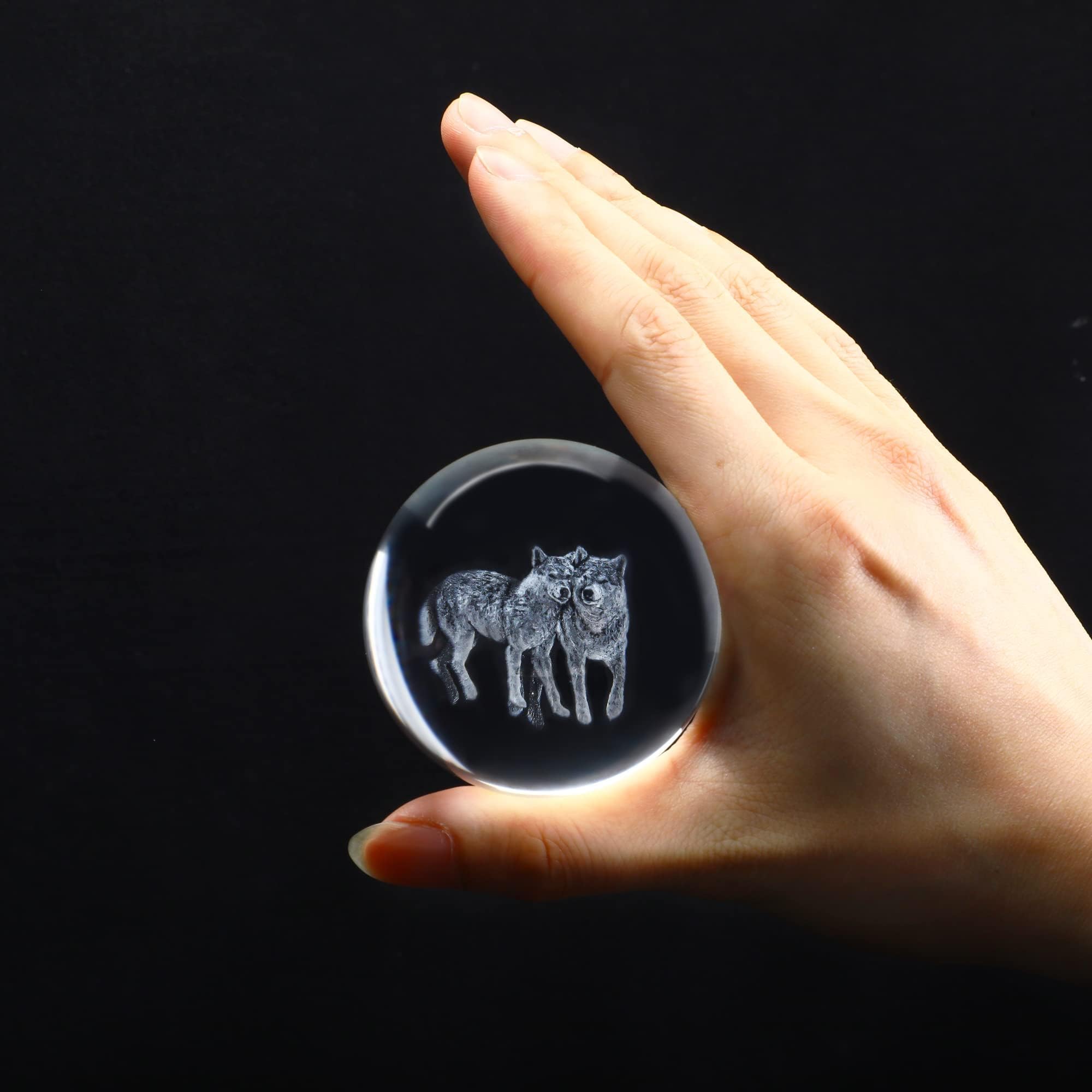 ZEERSHEE 60mm Wolf Crystal Ball with Stand, 3D Glass Laser Engraved Wolf Gifts, Decorative Glass Wolves Sphere Figurine, Clear