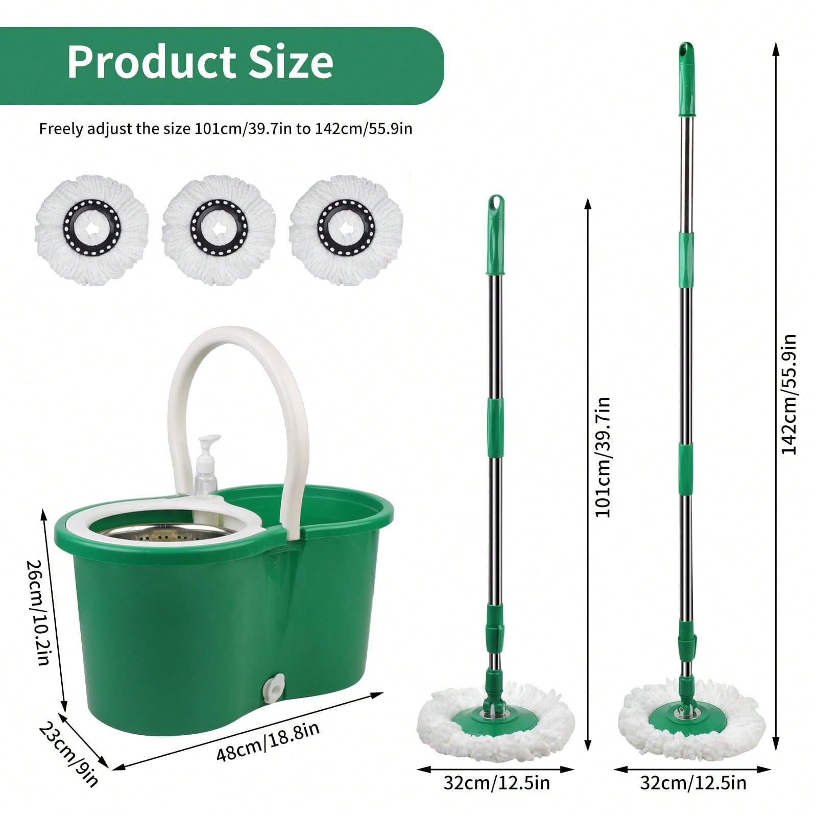 Mopa giratoria y cubo con juego de escurridor, sistema de cubo giratorio de 360° con 3 cabezales de repuesto de fregona de microfibra, mango ajustable para limpieza de suelos (verde)