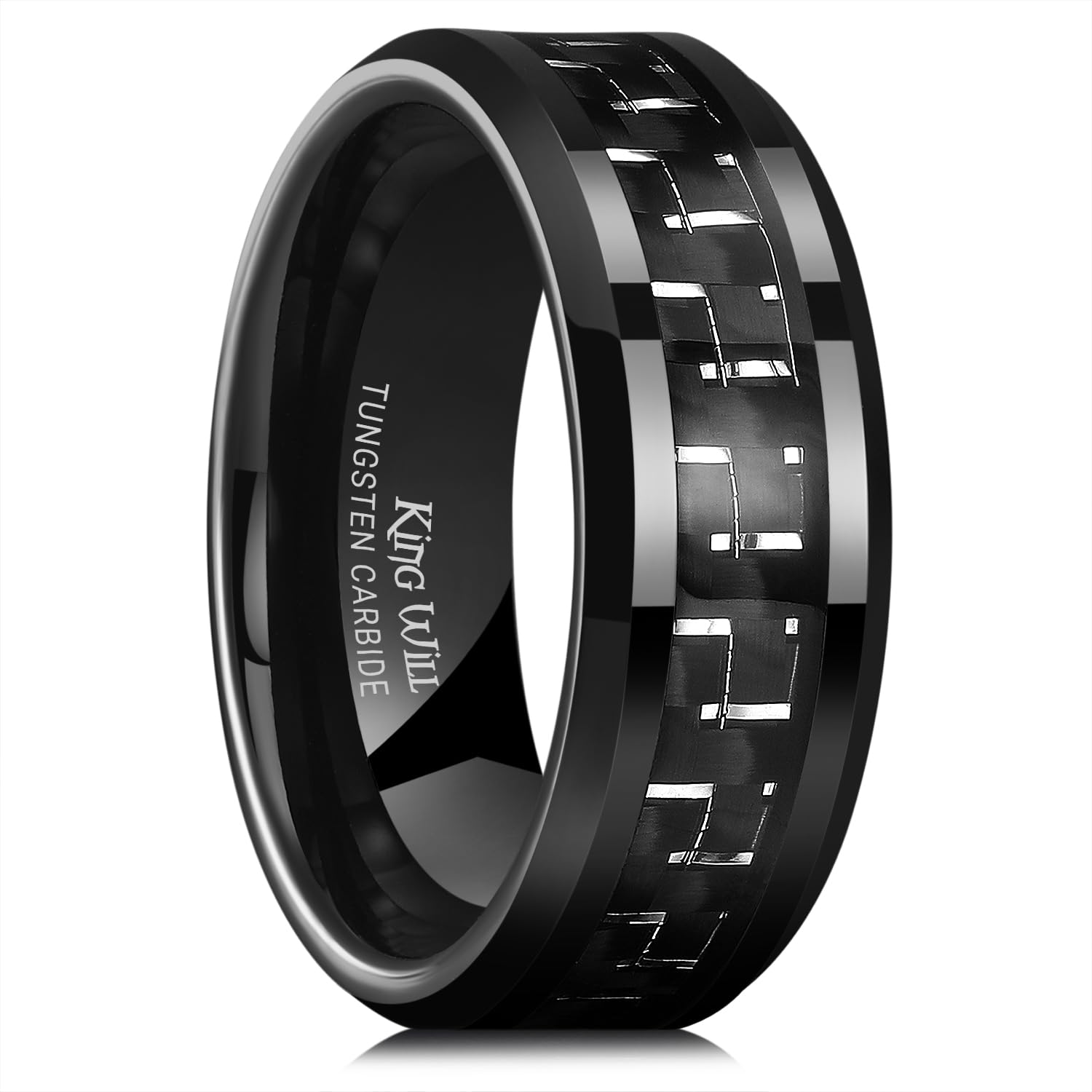 King Will GENTLEMAN Herren Schwarzer Wolframkarbid 8mm Ring mit Carbonfaser-Einlage, Komfort-Fit Ehering