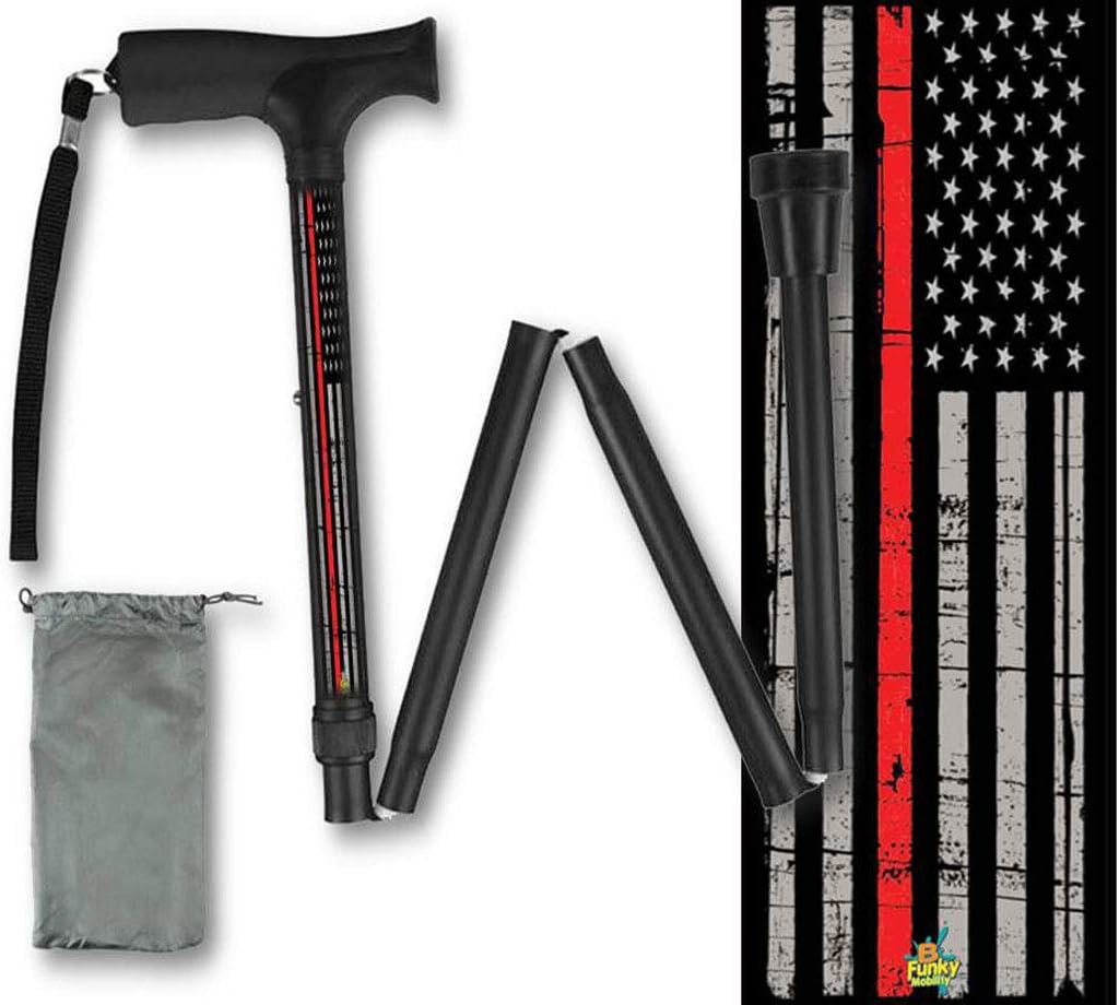 Foldable Walking Cane Thin Red Line Firefighter Man Woman Service Retired Collapsible Lightweight Travel BFunkyMoblity