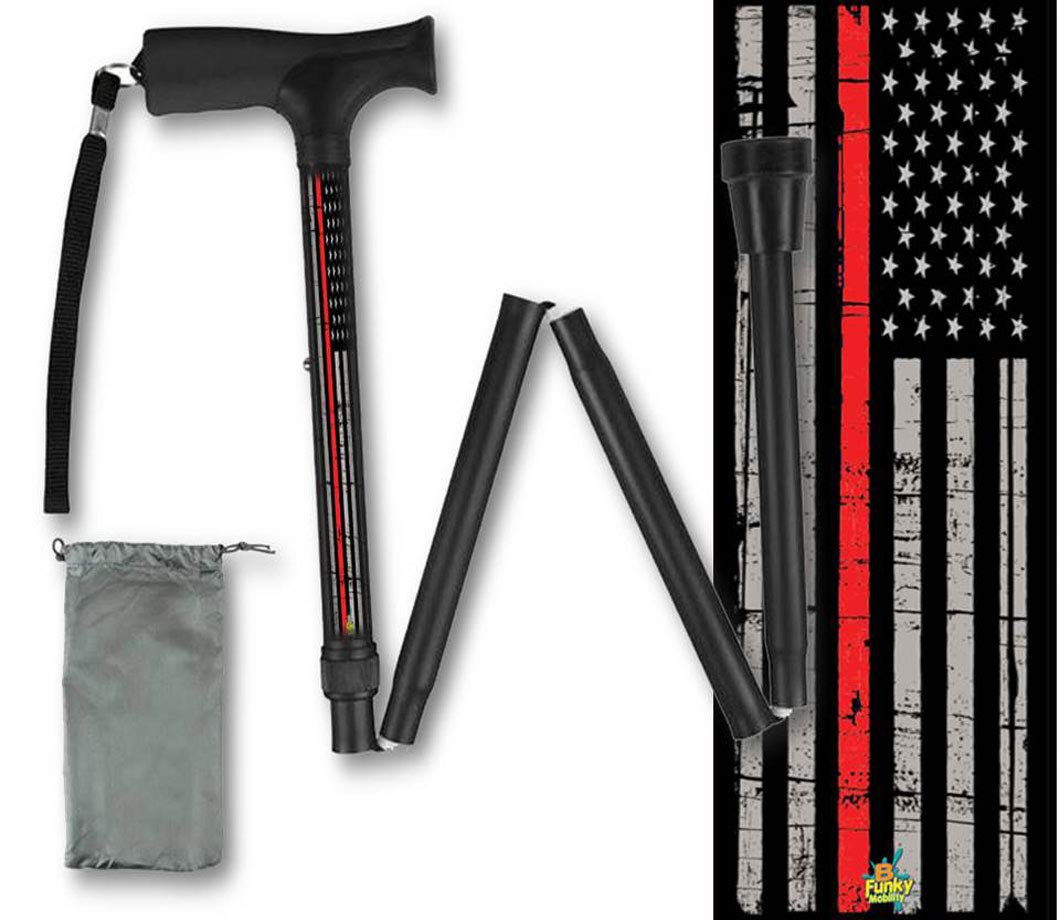 Foldable Walking Cane Thin Red Line Firefighter Man Woman Service Retired Collapsible Lightweight Travel BFunkyMoblity