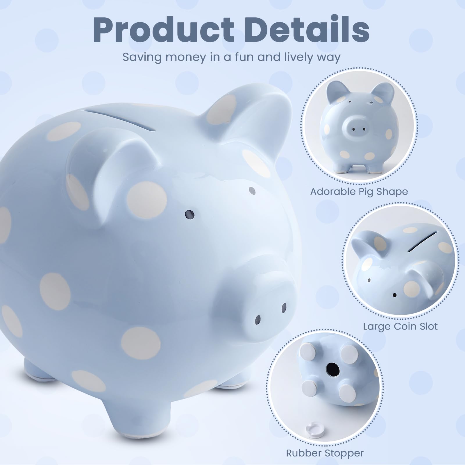 SOBEIT 11inch Piggy Bank for Adult, Large Piggy Bank, Polka Dot Piggy Bank Money Bank Coin Bank for Adult, Girls, Boys, Kids(Blue/11.02”L x 7.48”W x 8.66” H)
