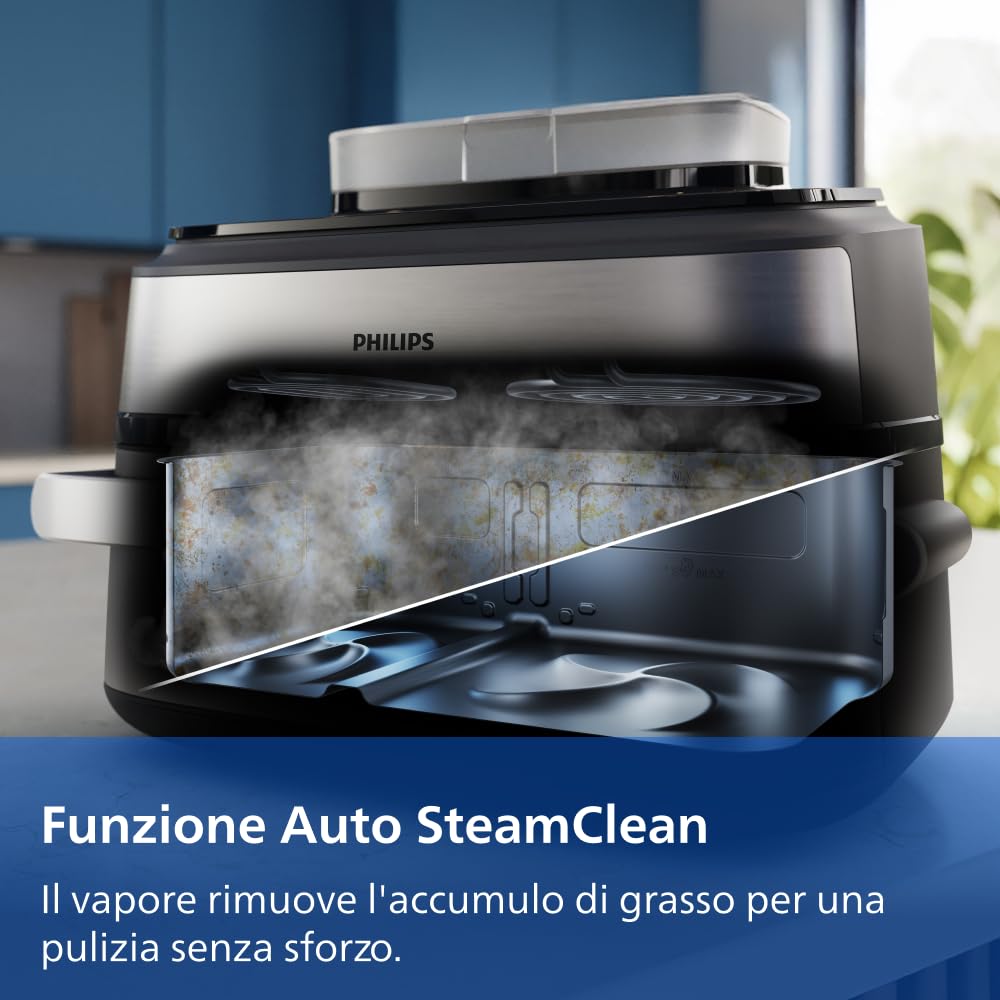 Philips Airfryer Serie 5000 con Maxi Capacità e Funzione Vapore – SteamFry, Vapore e Frittura ad Aria – 28 Programmi di Cottura, Doppio Scomparto 3L+6L, RapidAir Plus, SteamClean (NA565/00)