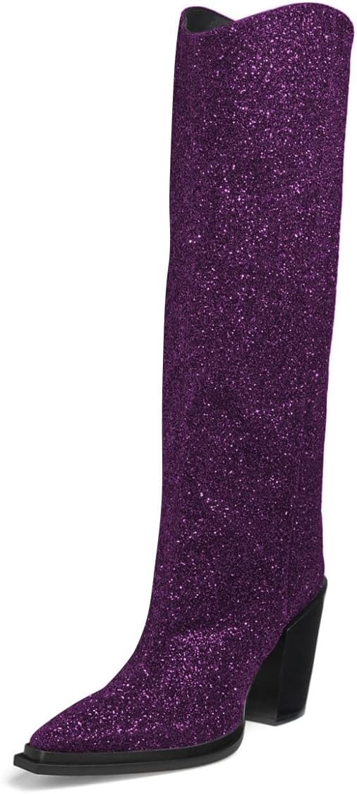 miss left Women Chic Pointed Toe Sparkly Cowgirl Knee High Boots Chunky High Heel Pull on Fashion Glitter Western Boots Size 4-16 US