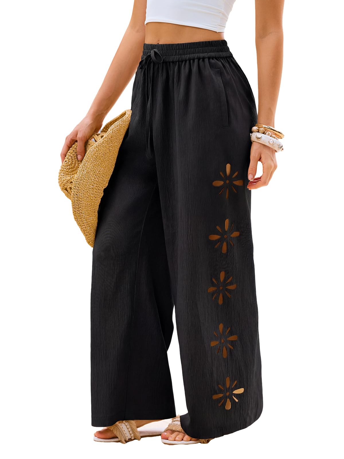CUPSHE Pantaloni da donna a gamba larga a vita alta con ritaglio floreale pantaloni a palazzo elastico in vita coulisse vestibilità ampia con tasche estive spiaggia vacanza coprire