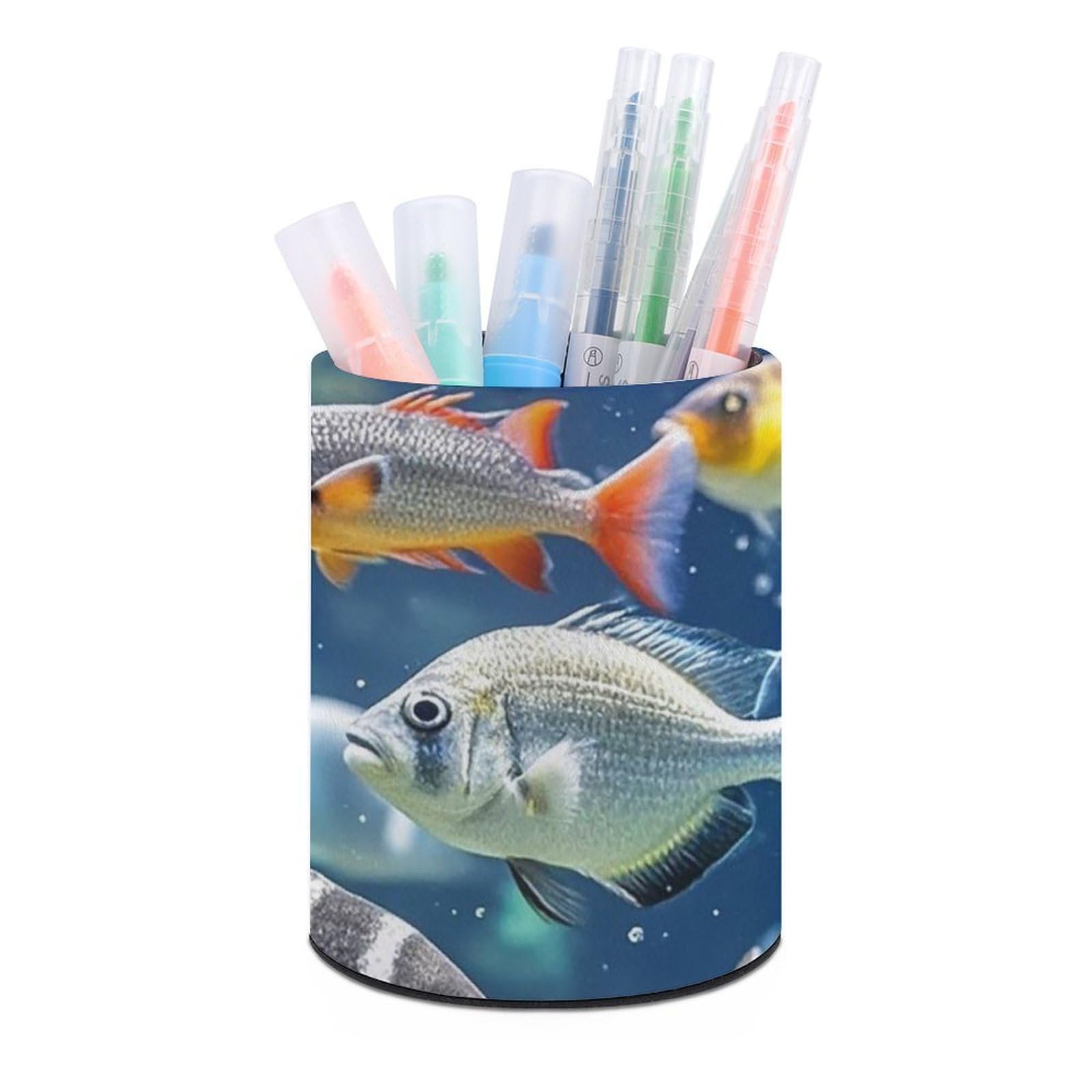 FekiLoot PU Leather Round Pen Holder Different Fish Pencil Holder Desk Organizer Pen Organizer Pen Cup Pencil Cup Caddy Desktop Stationery Organizers for Office Home Supplies