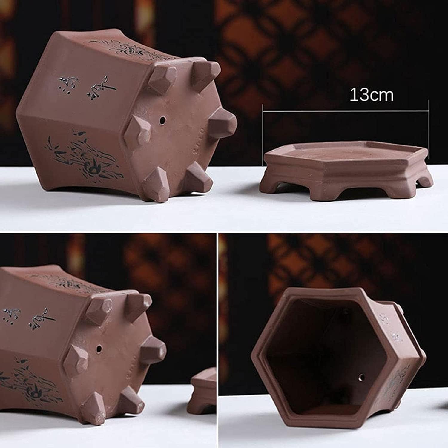 Traditional Chinese Purple Clay Hexagonal Plant Pot, Engraved Ceramic Flower Pot W/Drainage, Orchid Bonsai Succulent Planter, Decorative Indoor Outdoor Home Office Gift