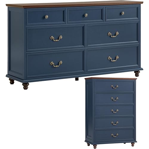 Bedroom Dresser Sets, 54" Wide 7 Drawers Dresser and 45" Tall 5 Drawers Dresser, Wooden 2 Piece Bedroom Furniture Set, Chest of Drawer for Bedroom, Home, Living Room, Hallway, Navy Blue