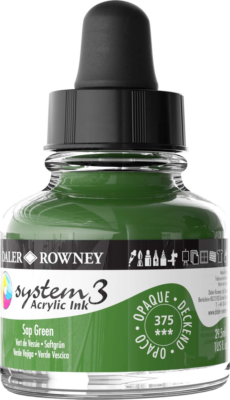 Daler-Rowney System3 Acrylic Ink, Glass Bottle with Dropper, Opaque, 1oz - 29.5 ml, Sap Green, 375 Sap Green, 8 ml - Image 4