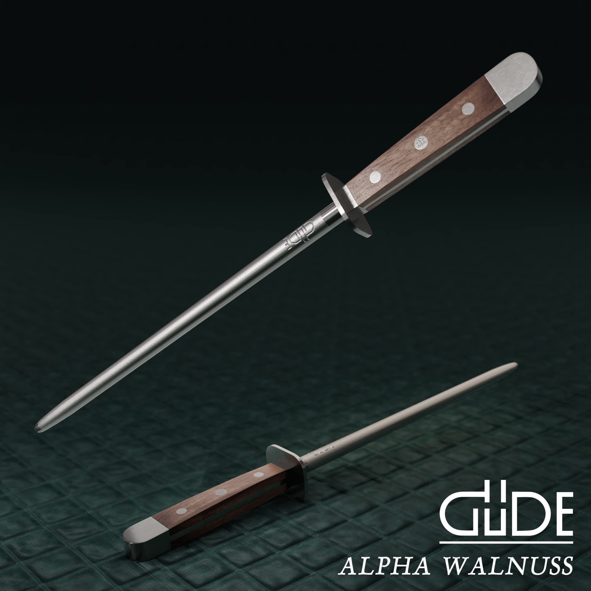 GÜDE Solingen - Ostrzałka do noży, kuta, 26 cm, orzech włoski, ALPHA-WALNUT - podwójne ostrze, Ręcznie robiony w Niemczech