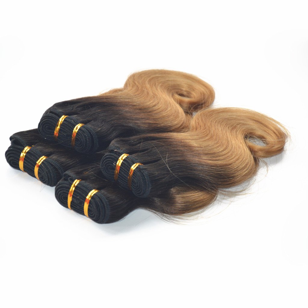 4 Bundles of Body Wave Brazilian Ombre Hair Two Tone Human Hair Extensions Short Bob Weaves 50g/pc 200g/set (1B/27)