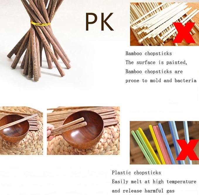 Palillos chinos reutilizables de madera Wenge M.G - 10 pares, aptos para lavavajillas, 9.8 pulgadas para cocina china/japonesa/coreana (Sushi, Ramen, Hot Pot) miniatura 7