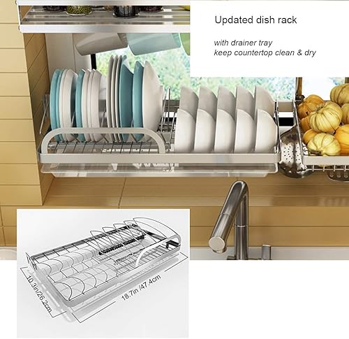 Miniatura 5 de Escurridor de platos de cocina de 2 niveles, estante de secado de platos grandes, organizador de fregadero de cocina, acero inoxidable, máximo