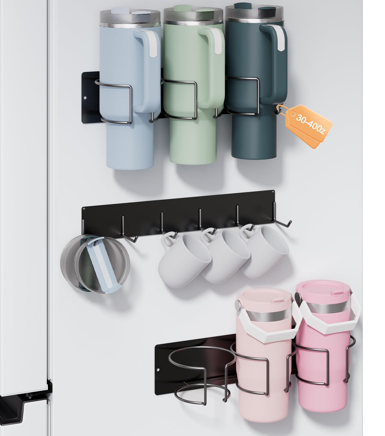 magnetic stanley cup holder with 6 hook rack tumbler organizer for fridge water bottle organizer for stanley 30amp40 oz stanley cup accessories for kitchen cabinet 3 pack black