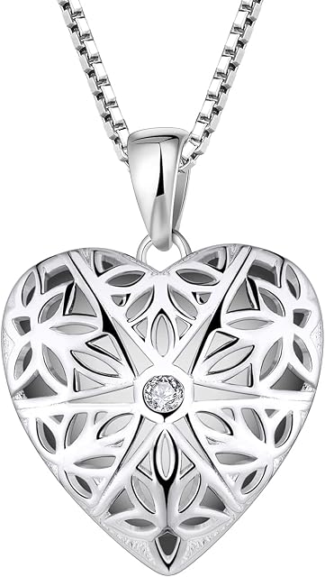 FJ Photo Locket Necklace 925 Sterling Silver Picture Memory Locket Pendant Necklace Jewellery Gifts for Women Girls, Heart/Oval/Round/Opal