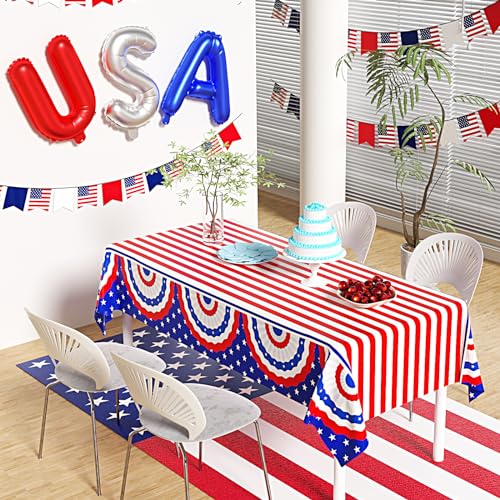Image of 3 Pack Patriotic Tablecloth, Plastic Disposable 4th of July Tablecloth Independence Day Table Cover Patriotic Themed Party Supplies for Outside, Picnic, Memorial, 108in x 54in