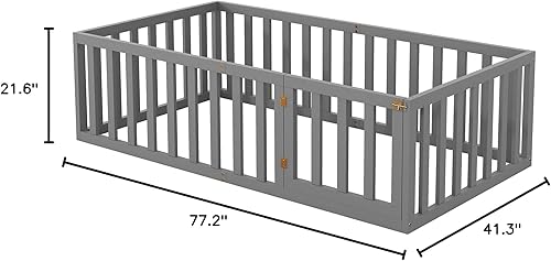 Miniatura 8 de Merax Marco de cama de piso de madera de tamaño individual con valla y puerta (gris)