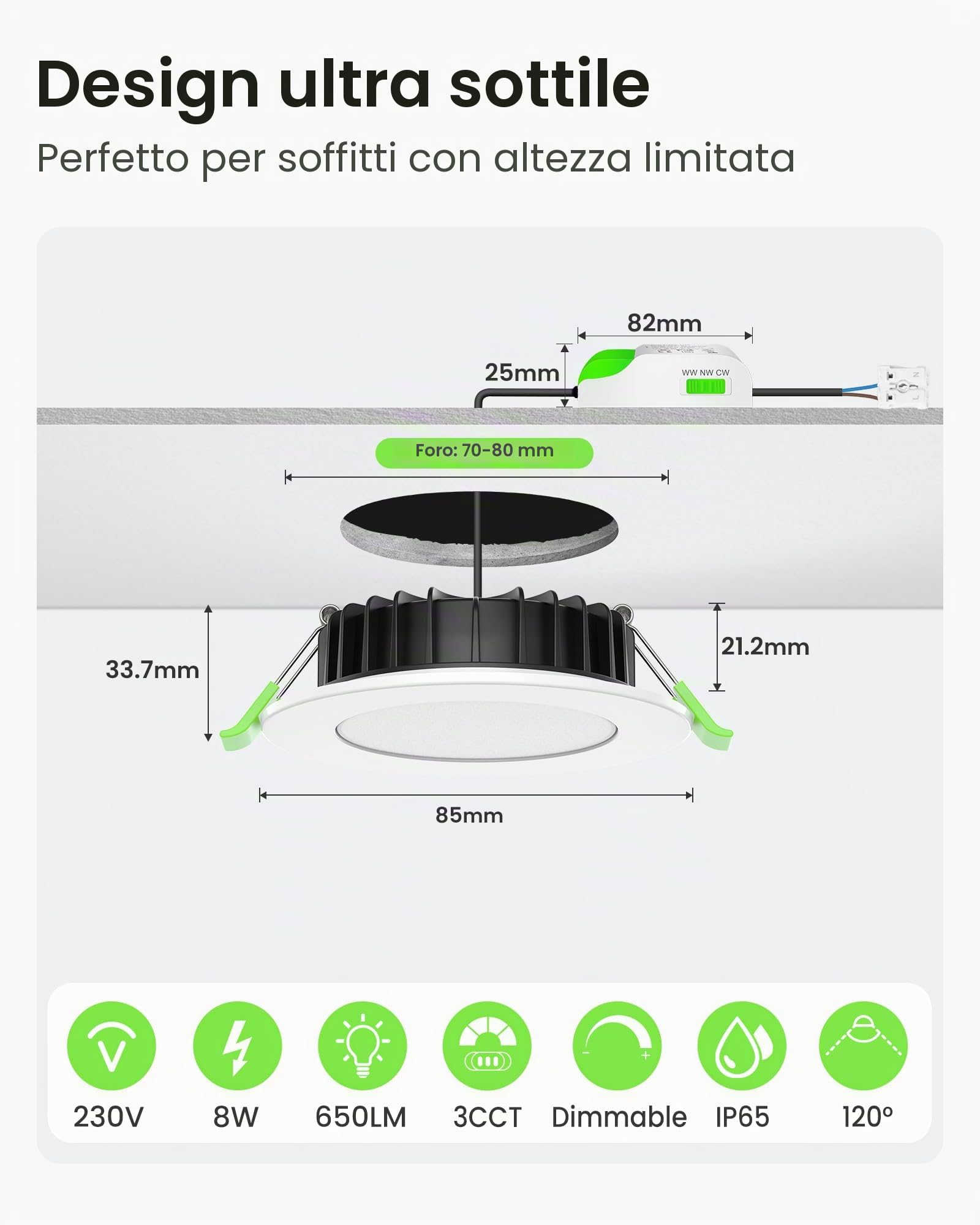 ALUSSO Faretti LED da Incasso Per Cartongesso Dimmerabili con Trasformatore, 8W 650LM, IP65, AC 220-240V, 3000K 4000K 5700K Regolabile, Bianco, Set da 6