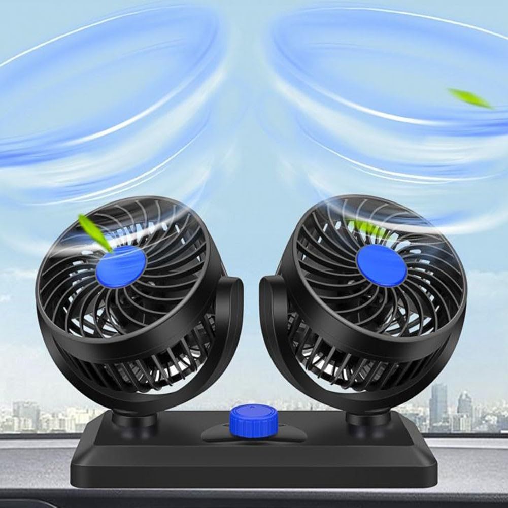 Ventilador de coche de doble cabezal alimentado por USB, compatible con 5 V, 12 V, 24 V, 2 ajustes de velocidad ajustables y cabezales de ventilador giratorios de 360 grados para una refrigeración