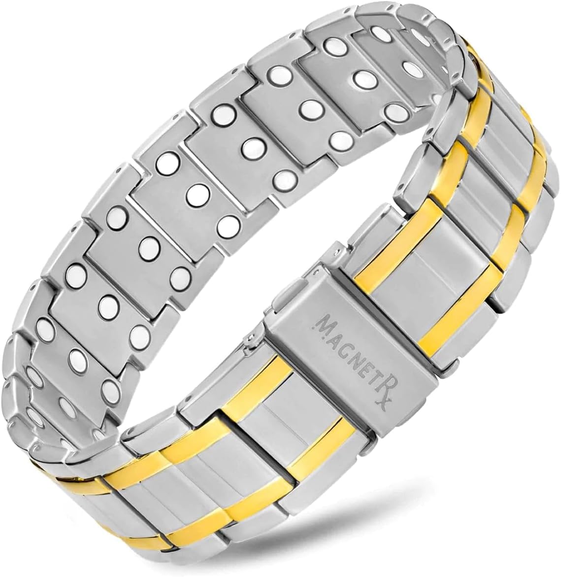 MagnetRX Titanium Magnetic Bracelet for Men with Triple Strength  Magnetic Bands with Folding Clasp and Adjustable Length with Sizing Tool SilverGold
