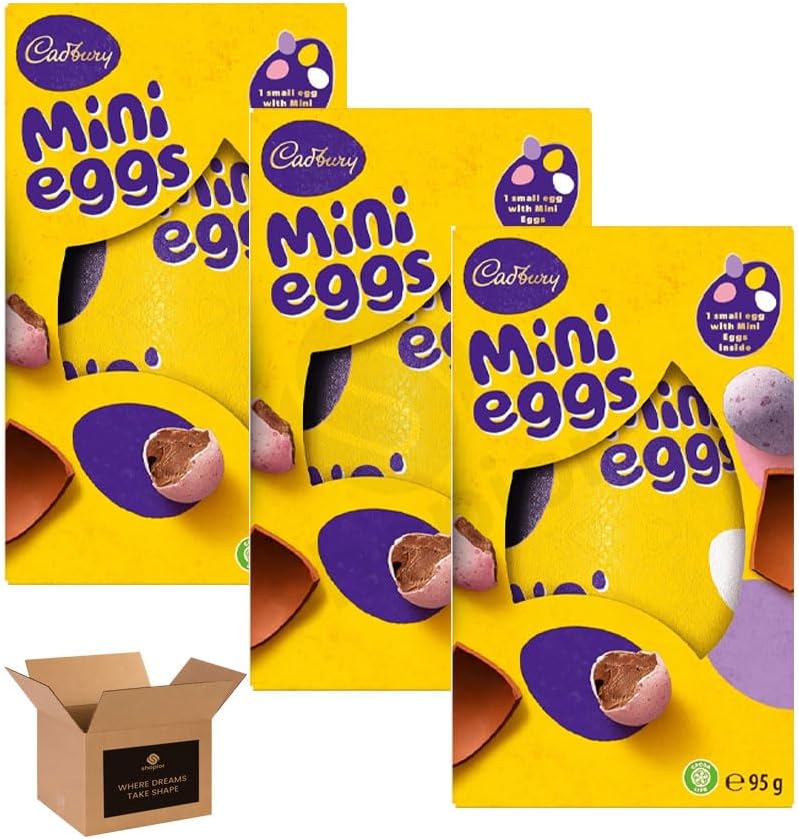 Cadbury Mini Eggs Chocolate Easter Candy – Crunchy Sugar Shell Milk Chocolate Eggs | Easter Egg Hunt Sweets, Kids Party Treats, Birthday & Christmas (Chocolate Easter Egg 95g -Pack 3)