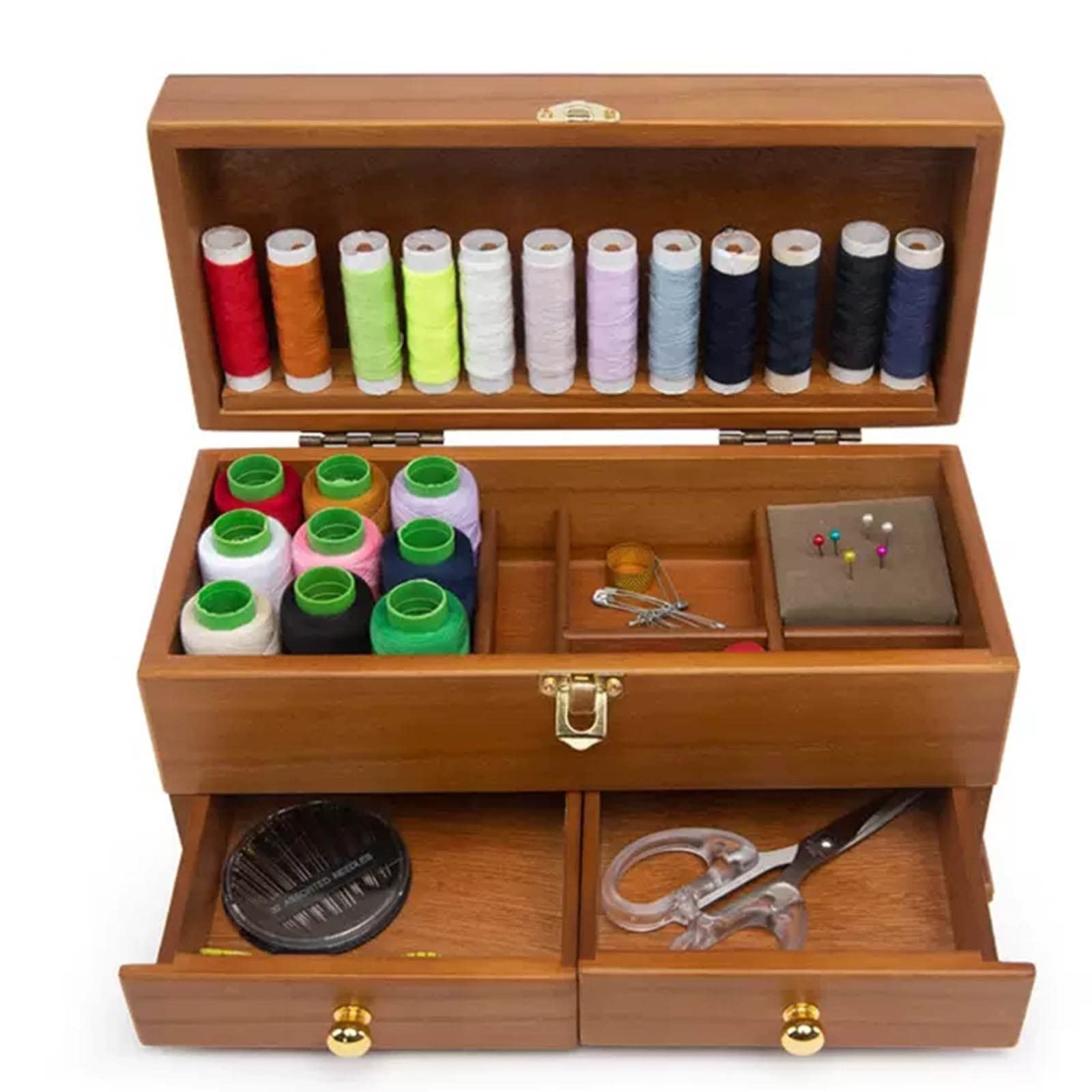 BBTradesales - Scatola Da Cucito In Legno Di Pino Grezzo, 5 Scomparti, Con Manico