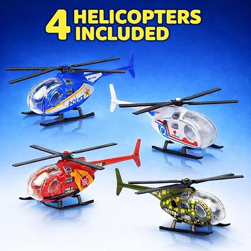 Miniatura 2 de ArtCreativity Helicóptero de juguete fundido a presión – Paquete de 4 – Policía, camión de bomberos, EMS, y helicópteros militares con hélices