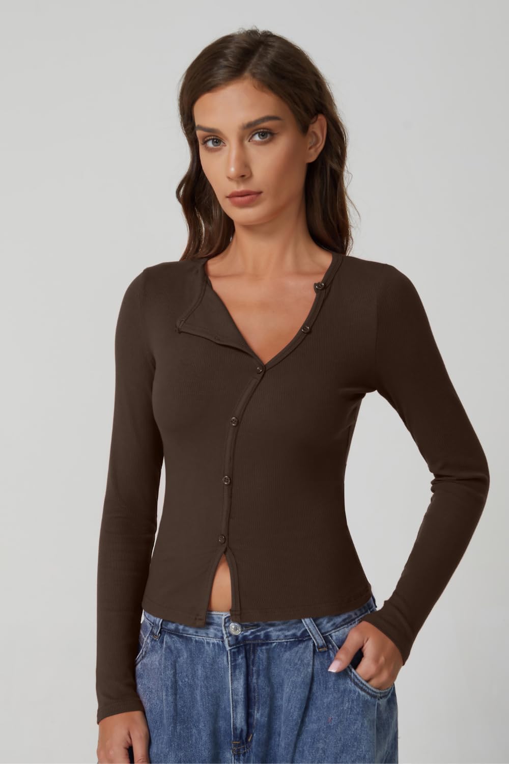 QINSEN Women's Long Sleeve Ribbed Crewneck Shirts Upper Button Fastening Going Out Tops - Image 5