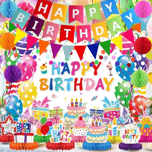Birthday Decorations Kit, Party Banner, Honeycomb Balls, Metallic Hanging Swirls, Circle Garland, Colorful Birthday Decorations, Backdrop Cloth, Centerpieces for Tables - Image 7