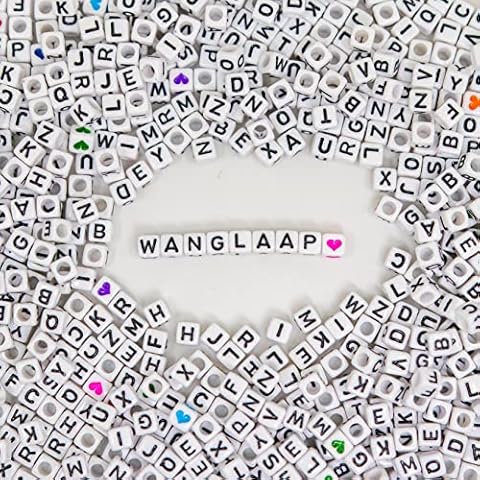WangLaap 810Pcs Average and Accurate Loose Square Letters and Hearts Beads Acrylic 6x6mm Cube Beads Alphabet A-Z Beads in Bulk for Phone Lanyard Bracelets(White-810) Cover