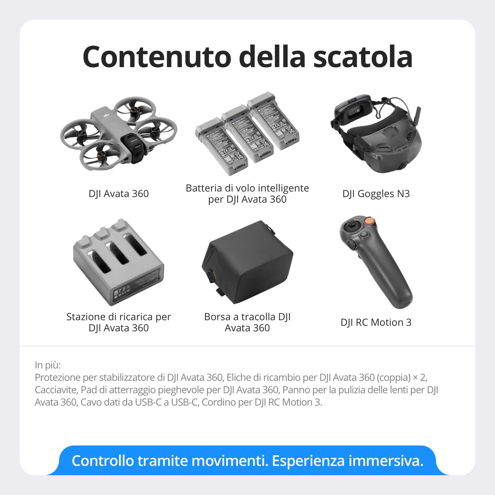 DJI Avata 360 Combo Motion Fly More con accessori, drone a 360° con imaging 8K da 1 pollice, paraelica, Include Goggles N3 e RC Motion 3, Pad di atterraggio (Memory Card Combo)
