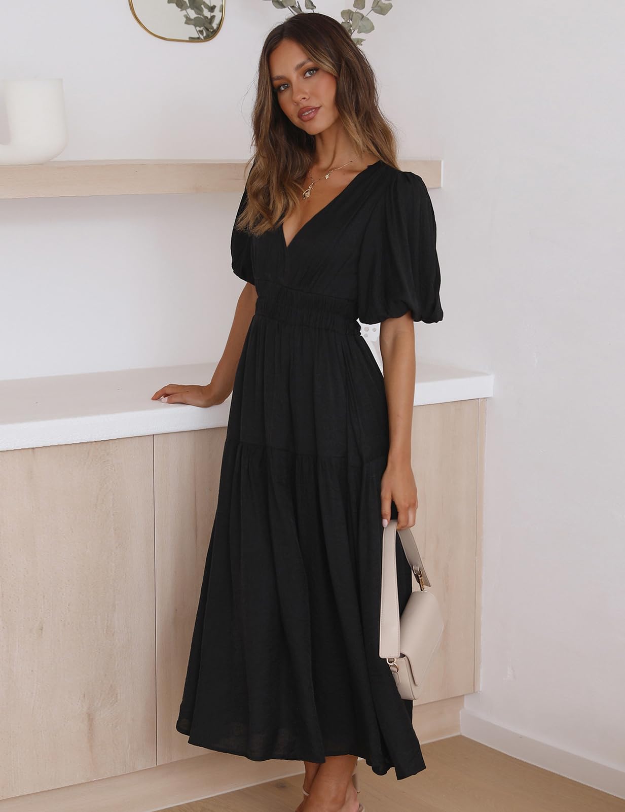 MessBebe Kleid Damen Elegant V-Ausschnitt Sommerkleid Kurze Puffärmel Wickelkleid Einfarbig Maxikleid Hohe Taille Partykleid Lässig Sommer Freizeitk