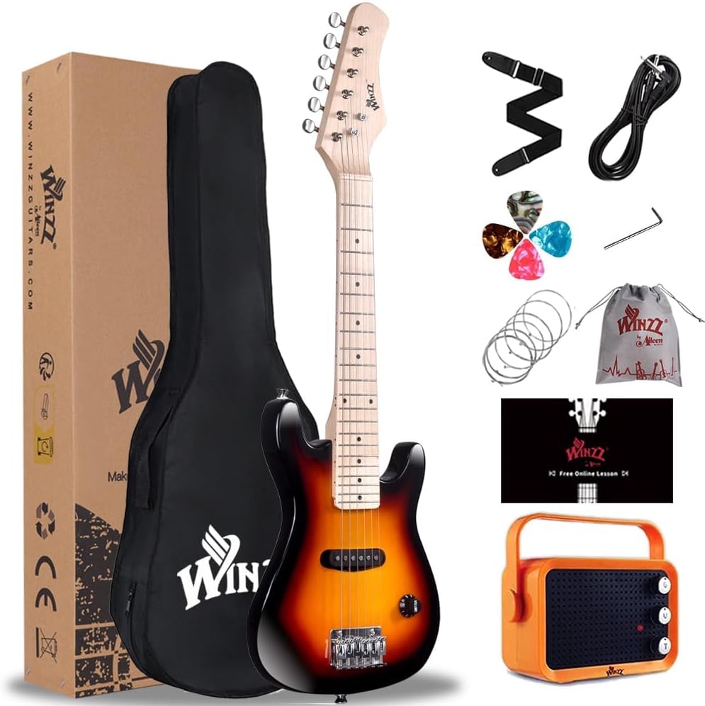 WINZZ EGM100 30 Inches Real Kids Electric Guitar with Beginner Kit, Right Handed, Sunburst