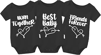 YSCULBUTOL 3 Pack Triplets Baby Bodysuits Born Together Friends Forever Unisex Infant Cotton Romper Triplet Outfits 0-12M